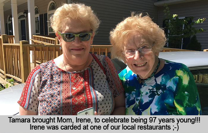Tamara brough Mom, Irene, to celebrate being 97 years young!! Irene was carded at one of our local restaurants. ;-)