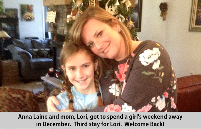 Anna Laine and mom, Lori got to spend a girl's weekend away in December.  Third stay for Lori.  Welcome back!
